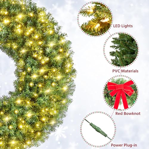Yaheetech 48in Pre-lit Artificial Christmas Wreath with Red Bow, 200 LED Lights Y257427