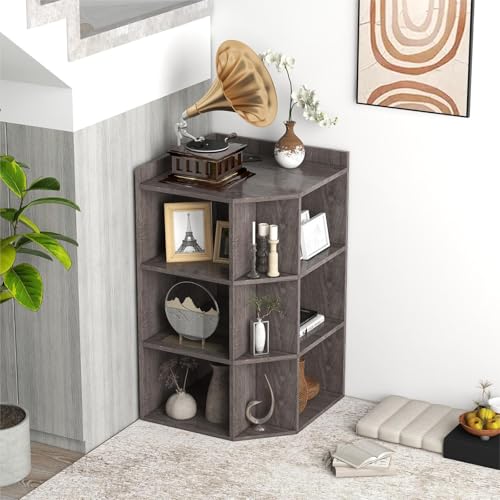 9 Cube Corner Cabinet, 3-Tier Wooden Bookshelf with Charging Station, White E10683