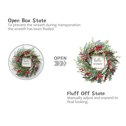 TEMPUS Christmas Wreath 20" Red Berries with Hello Winter Sign C803