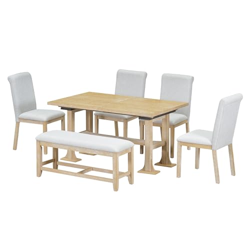 Farmhouse 6-Piece Extendable Dining Table Set with Upholstered Chairs and Bench, Dark Brown V263