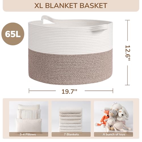 INDRESSME Large Cotton Rope Storage Basket with Handles, 90L Grey R37552