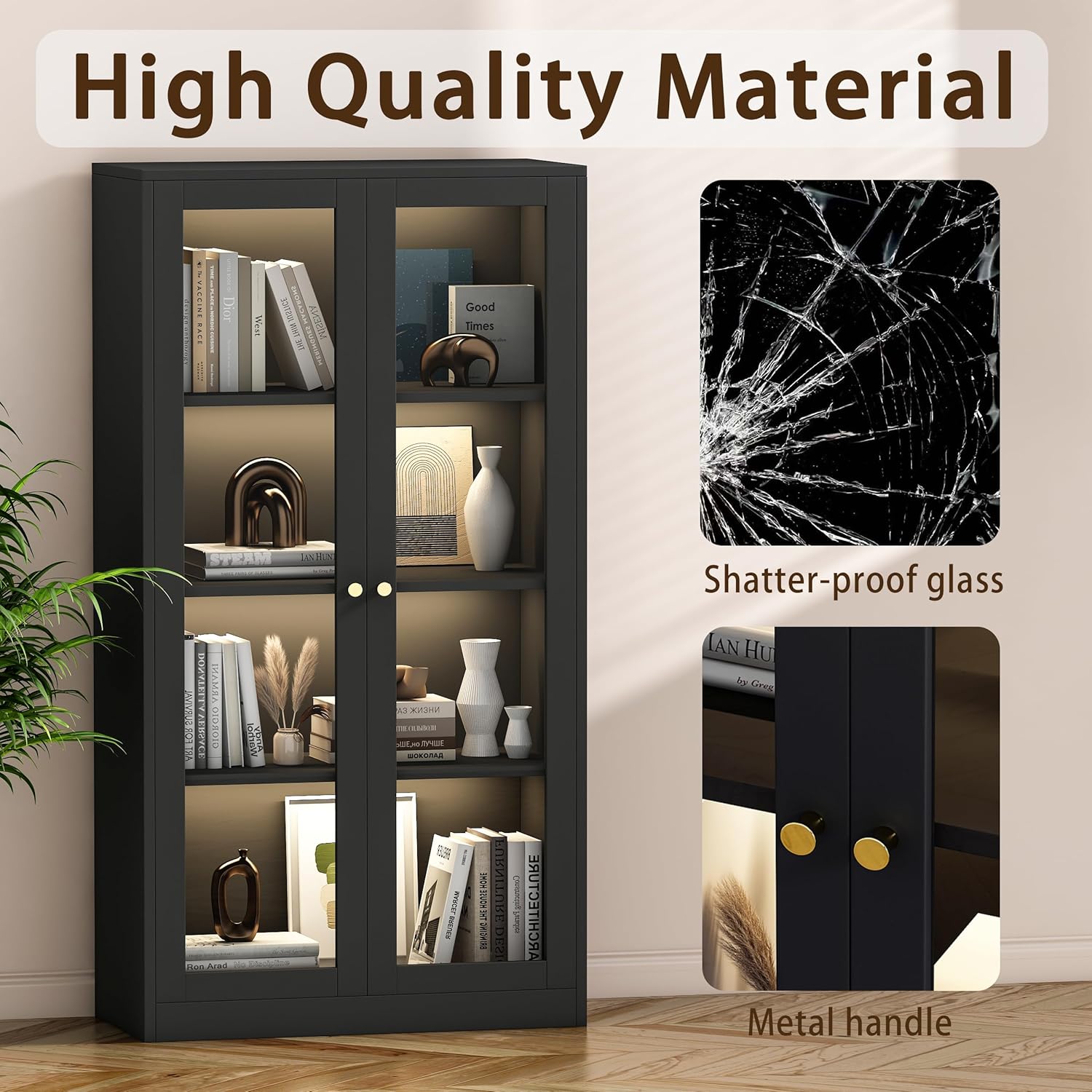 63'' Glass Display Cabinet with LED Light, 3 Shelves, Black J8537