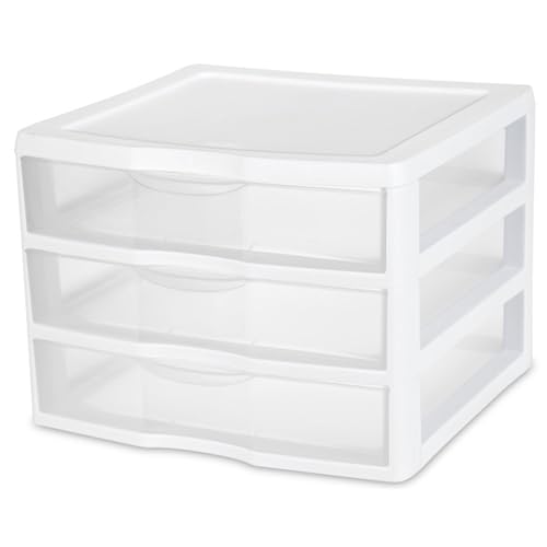 Sterilite 3-Pack Wide 3 Drawer Unit, Plastic Desktop Organizer, White Frame X750