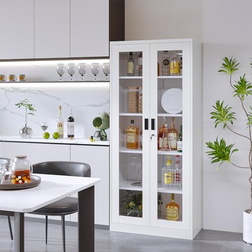 Metal Storage Cabinet with Doors and Shelves, 71" Locking Steel, White L799