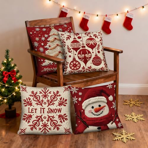 PICKFORU Christmas Throw Pillow Covers 18x18 Set of 4, Winter Holiday Decorative Cushion Cases I32037