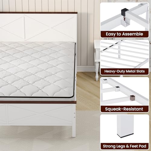 VOPEAK Farmhouse Queen Bed Frame with Headboard, Metal Platform, White E258
