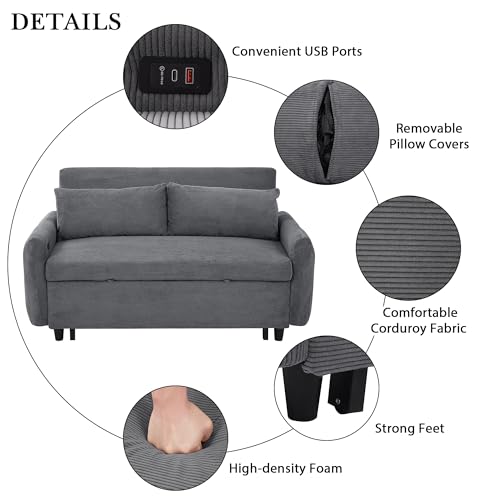 Merax Pull-Out Sofa Bed with Adjustable Backrest, 2 Seat Loveseat, USB Ports, Light Blue S417