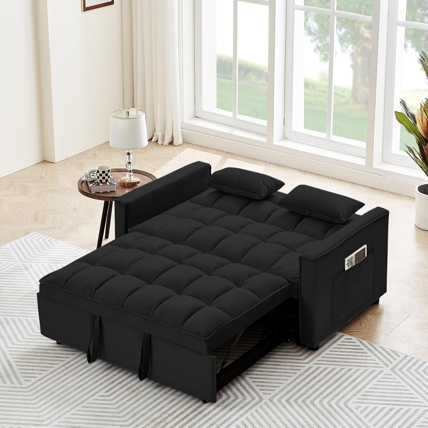 55" Full Size Pull Out Couch 3-in-1 Convertible Futon Sofa Bed, Fluffy Velvet Loveseat U526859