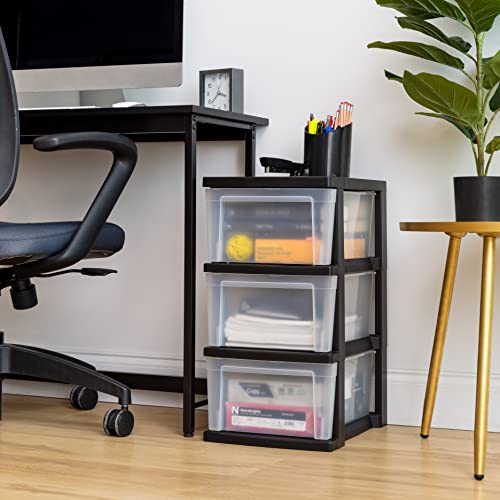 IRIS USA Plastic Drawer Storage Organizer, 3-Drawers, 2-Pack, Black/Clear J77123