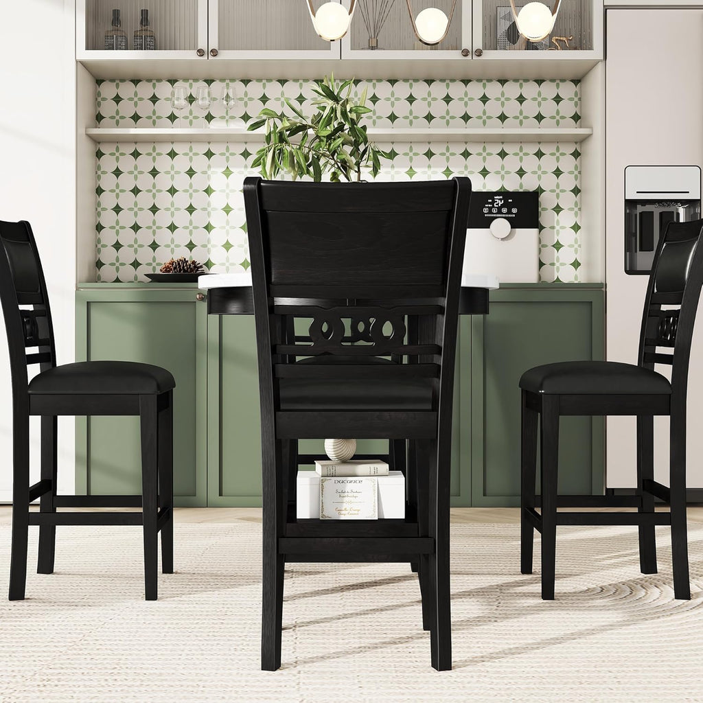 5-piece Counter Height Dining Table Set with Faux Marble Top and PU-leather Chairs, Dark Espresso U620443