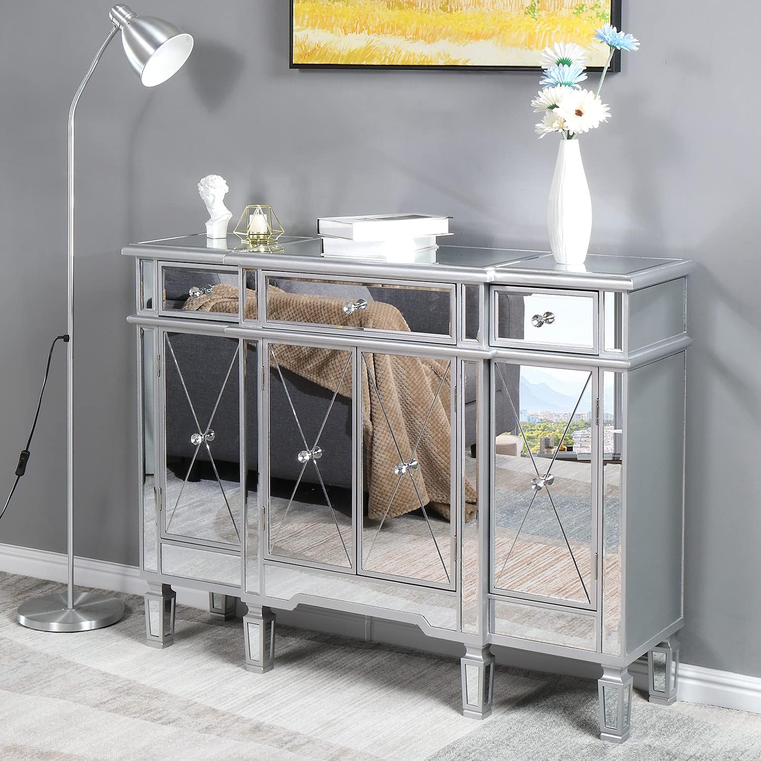 Mirrored Cabinet Mirrored Console Table Sideboards and Buffets Cabinet Dresser Accent Chest Large Nightstand with 3 Drawer and Doors for Hallway and Living Room Mirror (121 x 36 x 91) cm(L x W x H)