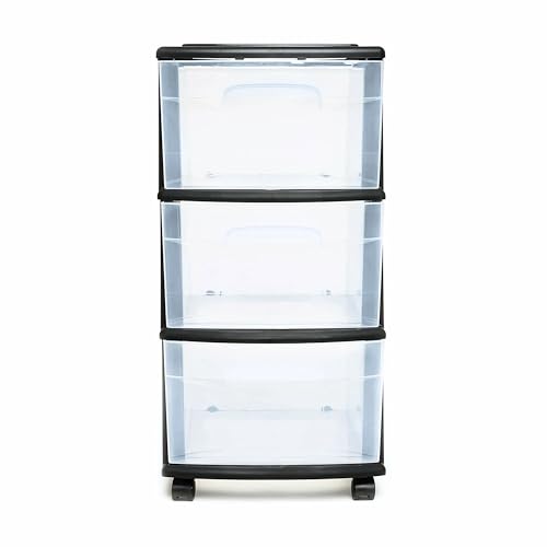 HOMZ 3-Tier Clear Plastic Storage Organizer Cart with Wheels, Black Frame M4715