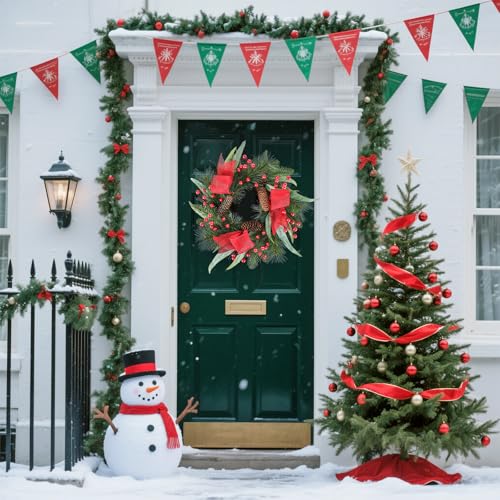 24 Inch Christmas Wreath with Red Ribbon and Pine Cones for Front Door D30392