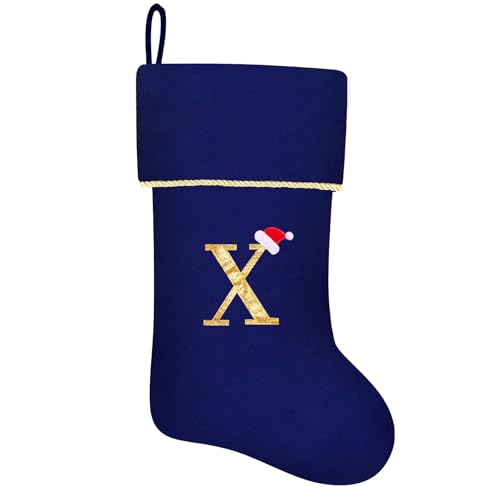 20 Inches Initial Monogram Blue Velvet Christmas Stocking with Gold Trim U394