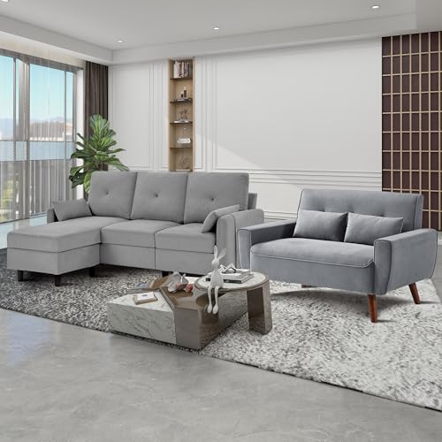 77" Convertible Sectional Sofa Set, L Shaped 3-Seat Couch with Reversible Chaise, Light Grey C552