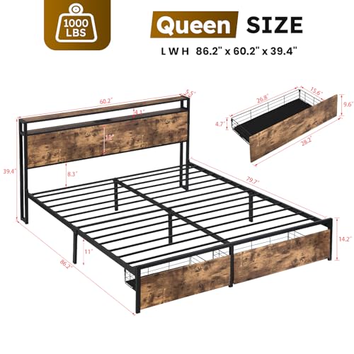 Full Size Bed Frame with Headboard, LED Lights, 4 Storage Drawers, Gray N173120