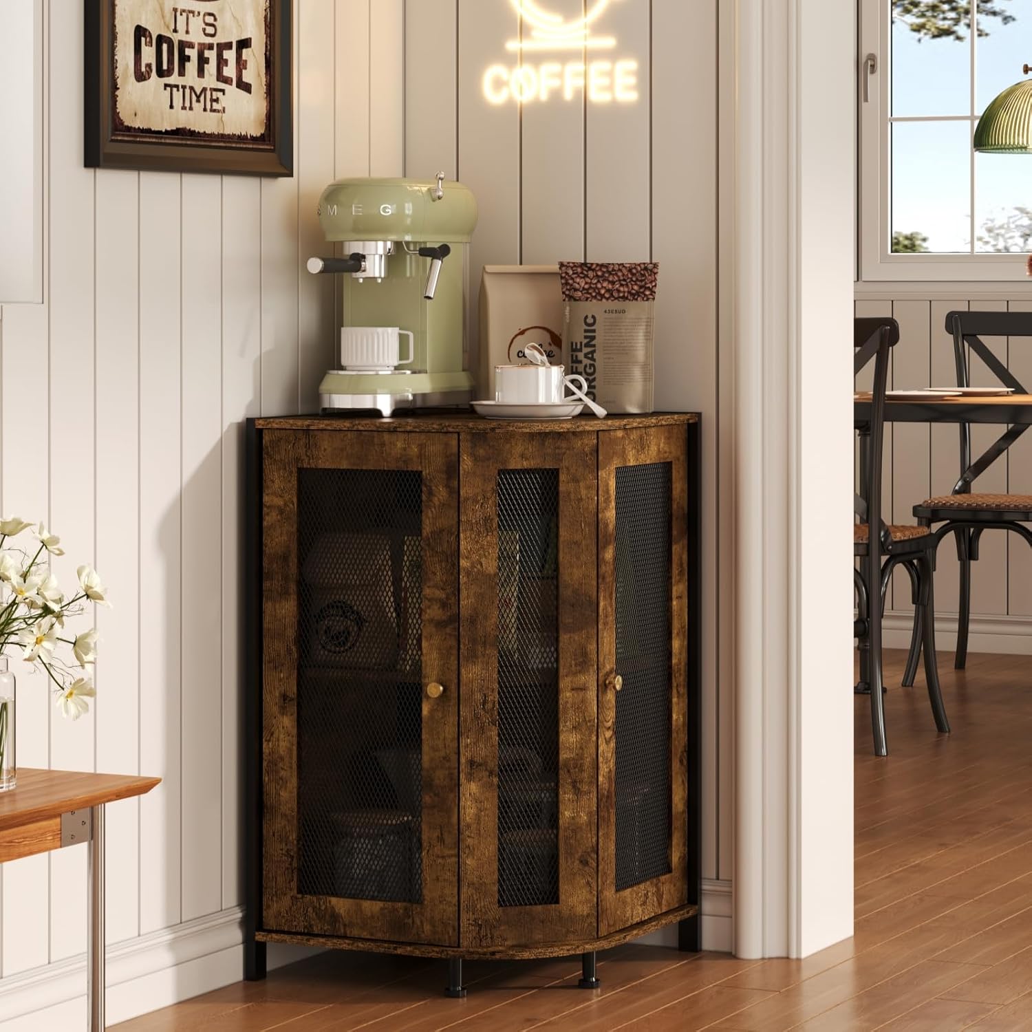keomaisyto Coffee Bar Cabinet, 3-Tier Corner Coffee Cabinet with Storage Shelf & 18.7" Countertop, Rustic Wood Coffee Bar Station with Magnetic Door for Kitchen/Entrance/Living Room/Dining Room