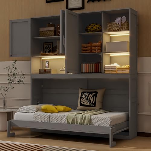 SOFTSEA Twin Murphy Bed with Storage Bookcase, LED Light & Charging Stations, Grey G72495