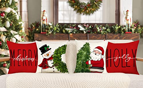 Red Christmas Pillow Covers 18x18 Set of 4 Farmhouse Snowman Santa Tree V263