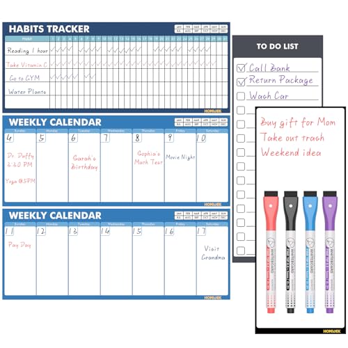 Magnetic Whiteboard for Fridge: Reusable Dry Erase Planner Board, 2 Sheets of Weekly Calenders, Habit Tracker, Memo Pad and to Do List for Refrigerator, 4 Dry Erase Markers - 5 Sheets, 4x10"