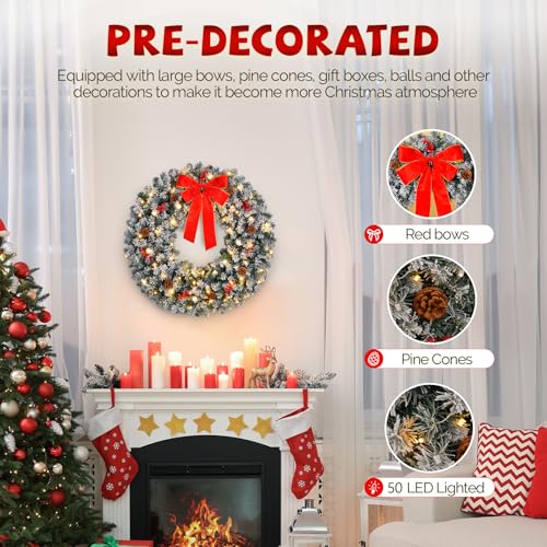 VINGLI 48 Inch Pre-lit Artificial Christmas Wreath with 150 LED Lights T885