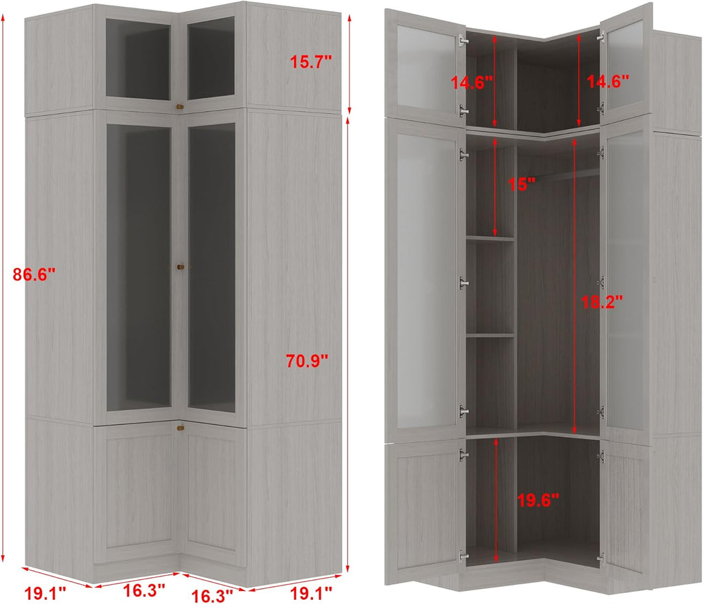 Homsee L-Shape Armoire Wardrobe with Frosted Glass Doors for Bedroom, Warm Grey C61970