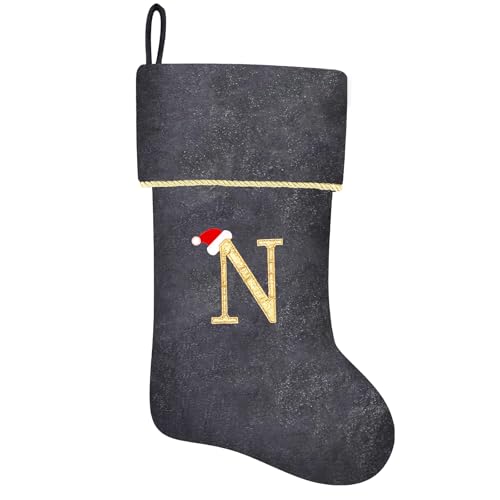 20 Inches Initial Monogram Blue Velvet Christmas Stocking with Gold Trim U394