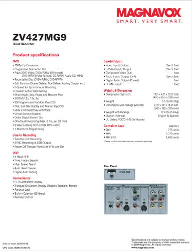 Magnavox ZV427MG9 DVD Recorder/VCR Combo with HDMI 1080p Up-Conversion K807597