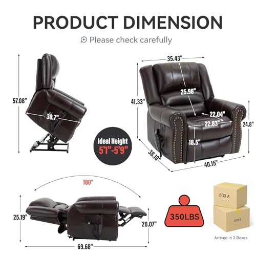 Dual Motor Power Lift Recliner Chair with Massage and Heat, Faux Leather, Brown V8458