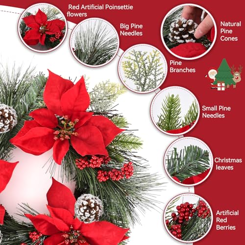 24 Inch Christmas Wreath with Red Bow for Front Door C225