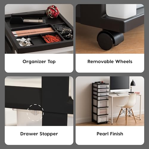 IRIS USA 4-Drawer Plastic Rolling Storage Cart with Wheels, Black/Pearl E270856