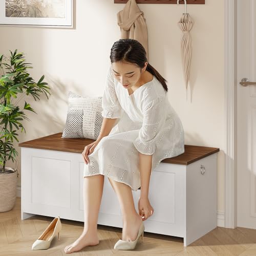 HOOBRO Storage Bench, 39.3" Retro Wooden Chest with Lift Top, White and Walnut C2921
