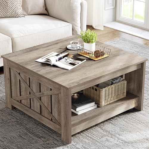 YITAHOME Coffee Table Farmhouse Coffee Table with Storage Rustic Wood Cocktail Table,Square Coffee Table for Living Meeting Room with Half Open Storage Compartment,Brown