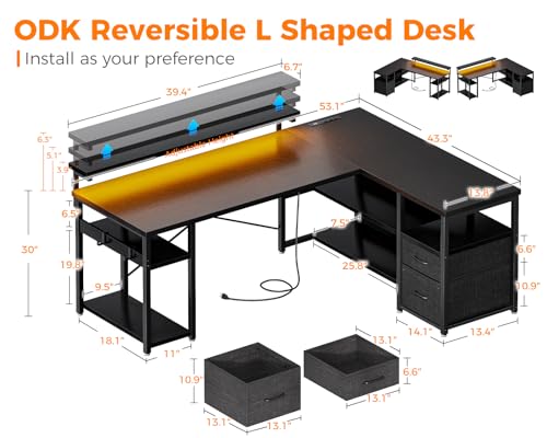 ODK L Shaped Gaming Desk with Power Outlets & LED Lights, Grey J75879