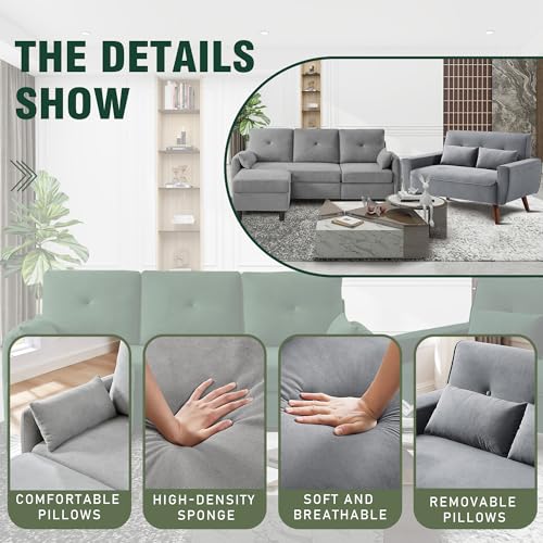 77" Convertible Sectional Sofa Set, L Shaped 3-Seat Couch with Reversible Chaise, Light Grey C552