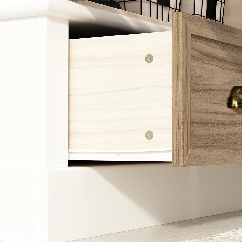ECACAD 4 Doors Wardrobe Armoire with Louver Doors, Storage Shelves, 4 Drawers & Hanging Rod, Brown & White K855323