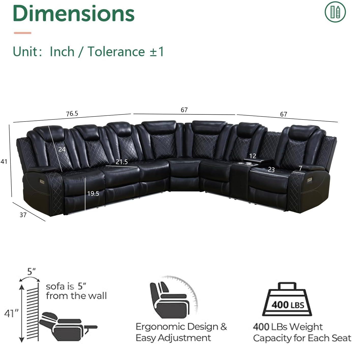 Black Leather Power Reclining Sectional Sofa with USB Port and LED Light L484