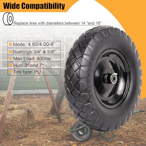 Wheelbarrow Tires 4.80/4.00-8 Flat Free 16" Solid Wheels with Bearings (2 Pack) X202