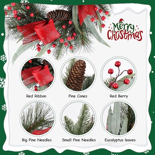 24 Inch Christmas Wreath with Red Ribbon and Pine Cones for Front Door D30392