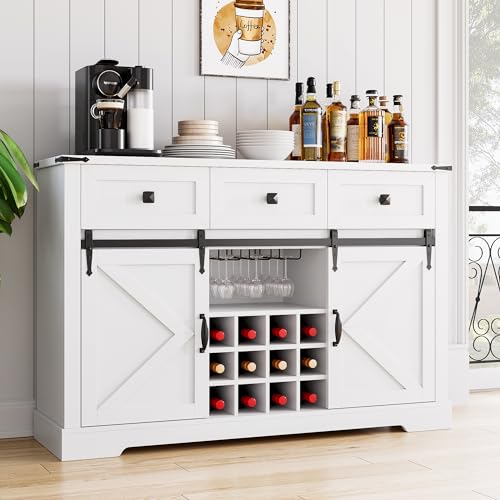 IDEALHOUSE Buffet Cabinet with Storage, 54" Farmhouse Coffee Bar Cabinet with 3 Drawers & Sliding Barn Door, Wine Cabinet with Wine and Glass Rack for Kitchen, Dining Room, White