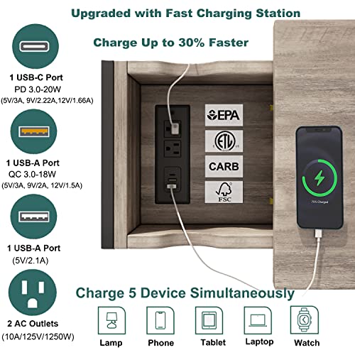 End Table with Fast Charging Station, USB C Ports and Outlets, Flip Top, Rustic Brown R1743