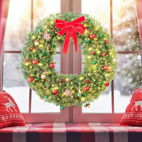 Yaheetech 48in Pre-lit Artificial Christmas Wreath with Red Bow, 200 LED Lights Y257427