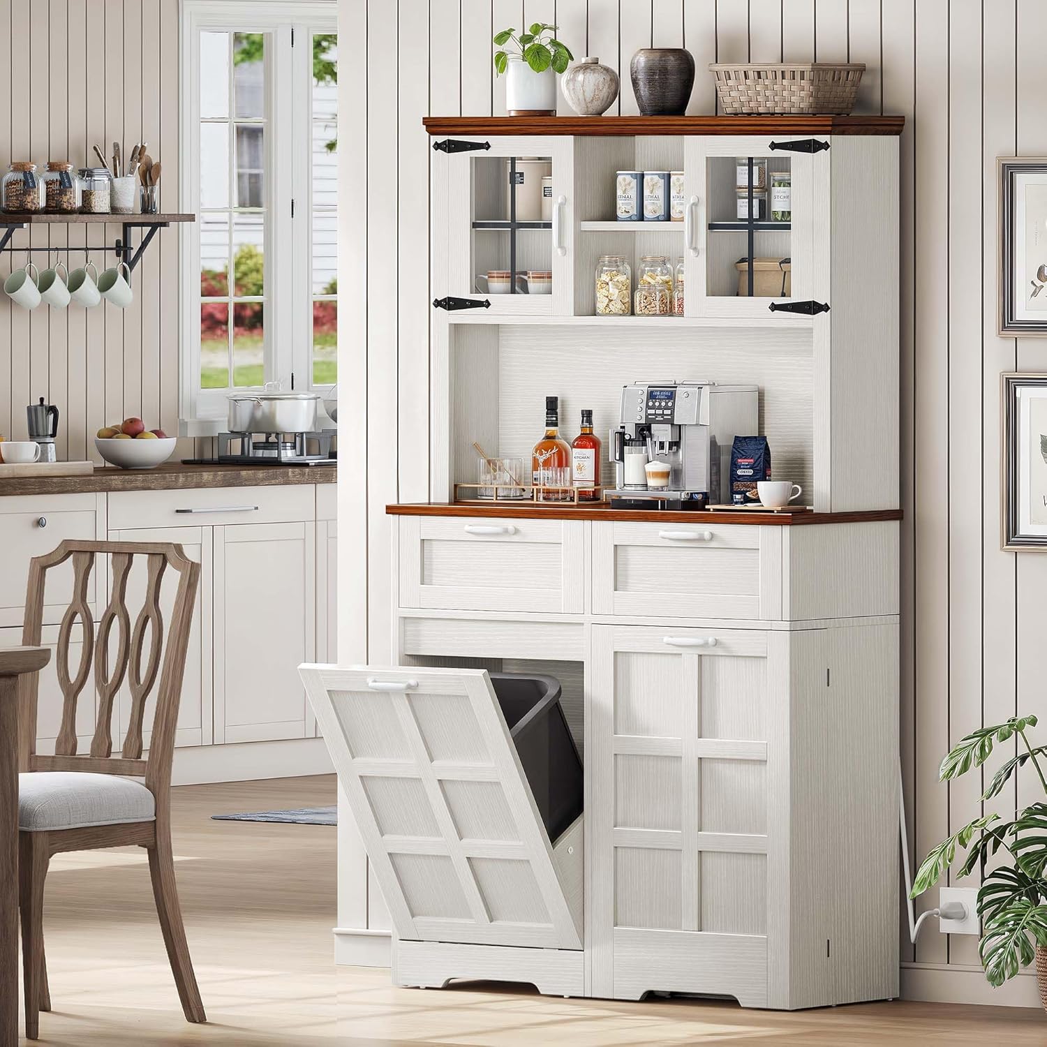 DWVO Kitchen Pantry Cabinet with Tilt-Out Trash Can, Tall Storage, White Oak I220373