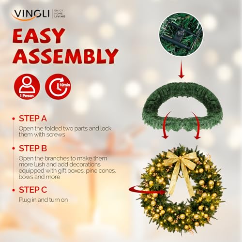 VINGLI 48 Inch Pre-lit Artificial Christmas Wreath with 150 LED Lights T885