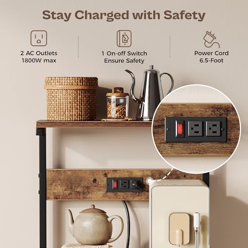 SUPERJARE Kitchen Bakers Rack with Power Outlet, Coffee Bar Table, Rustic Brown W637