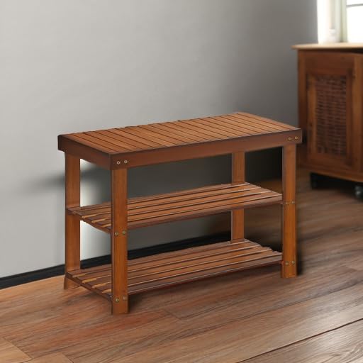 SONGMICS 3-Tier Bamboo Shoe Rack Bench, Entryway Storage, Ink Black X802