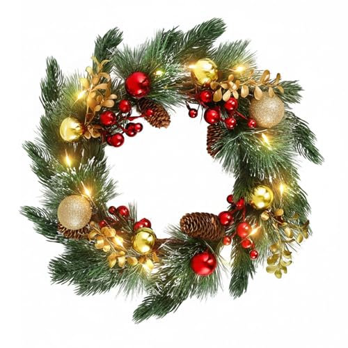 DomeStar 24 Inch Christmas Wreath with Lights, Outdoor Waterproof with Pine Cones C51545