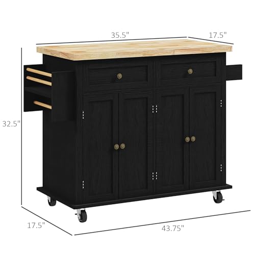HOMCOM Kitchen Island on Wheels with Rubberwood Top, Navy Blue X7812