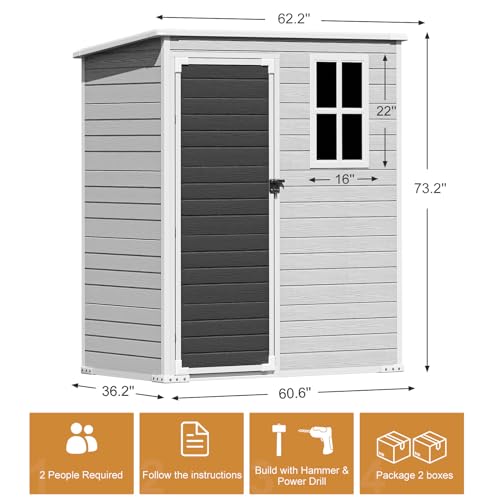 Outdoor Resin Storage Shed with Floor, 5x3 FT, Waterproof, Lockable Door, Gray H391
