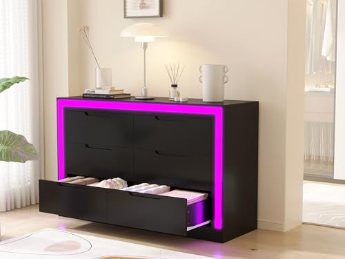 6 Drawer Dresser with LED Light for Bedroom, Black Y421